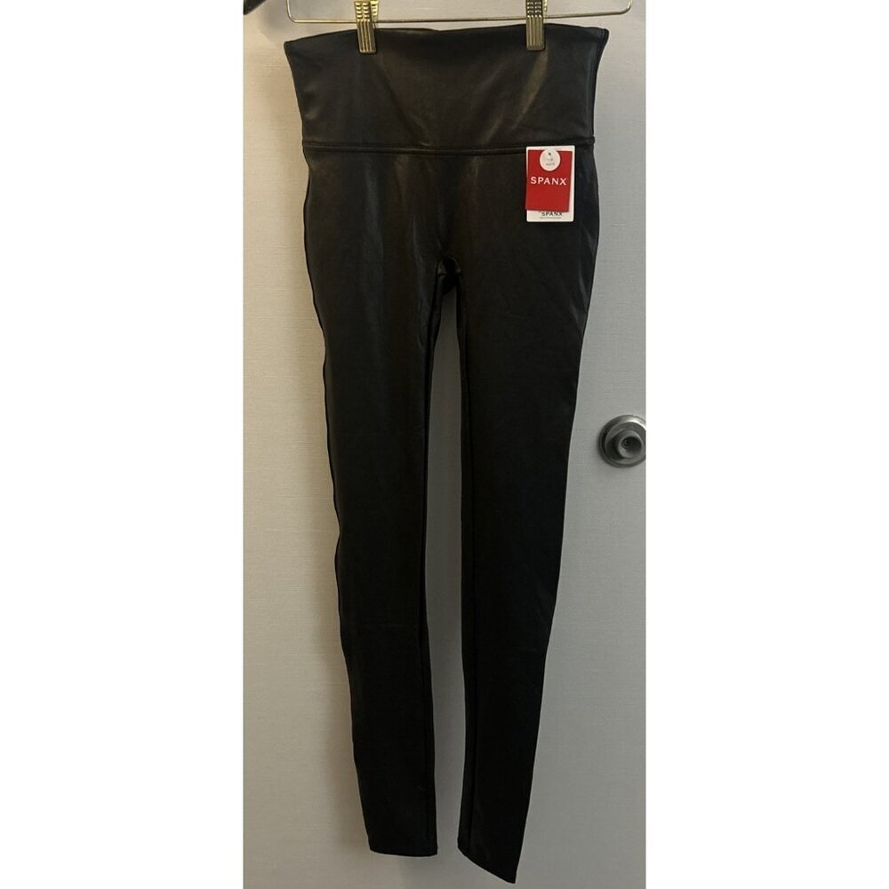Spanx Leggings Womens M Tall Black Faux Leather Shaping Slimming Stretch NEW